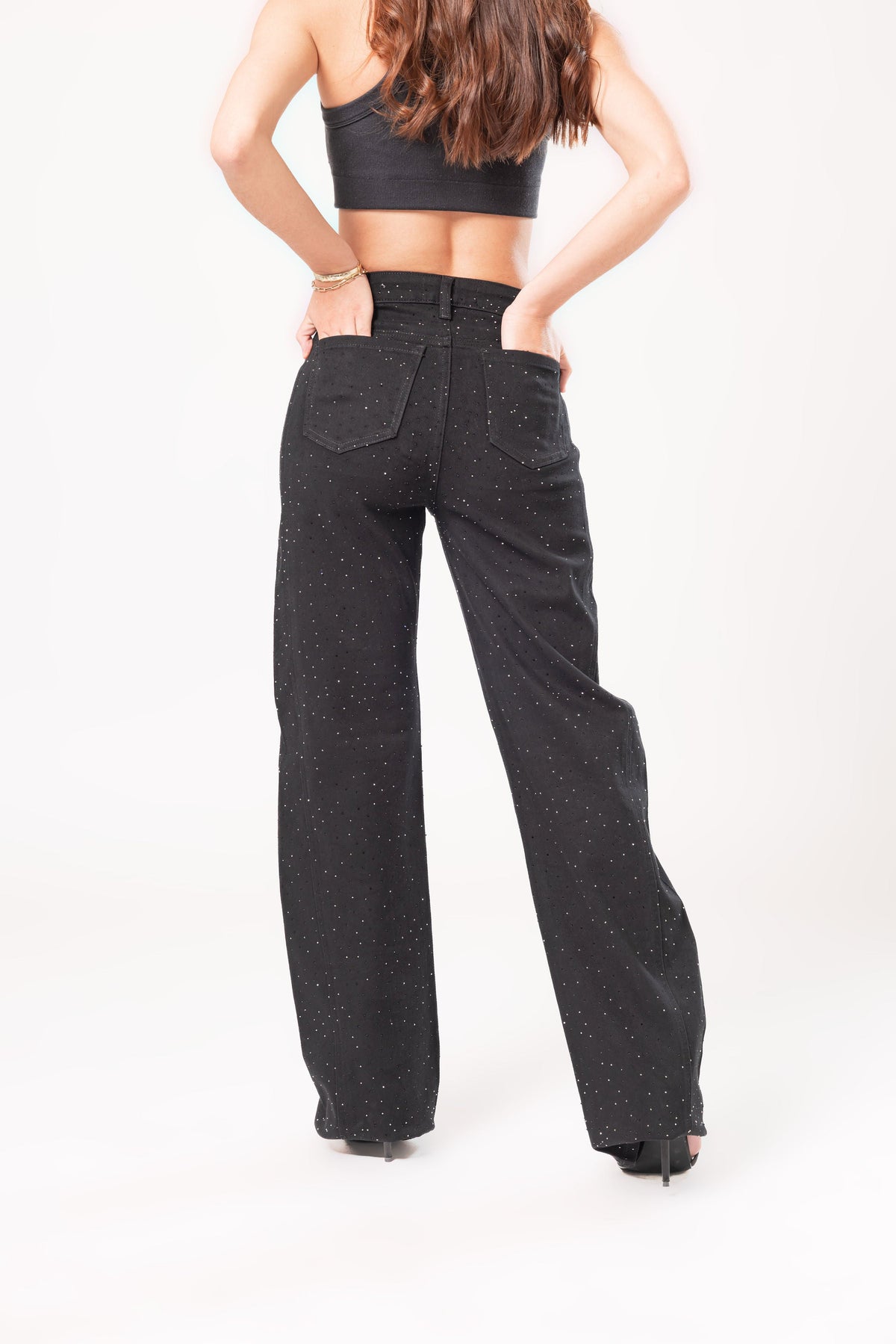 Brenda | Pantalón wide leg negro con brillos