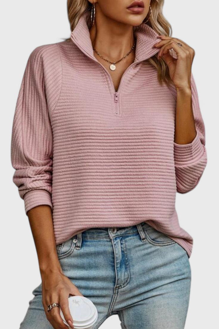 Elena | Jersey de Cuello en V con Cremallera y Manga Larga