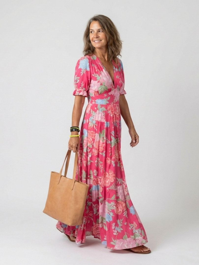Ione | Kurzes ärmelloses V-Ausschnitt Blumen-Midi-Kleid (kopie)