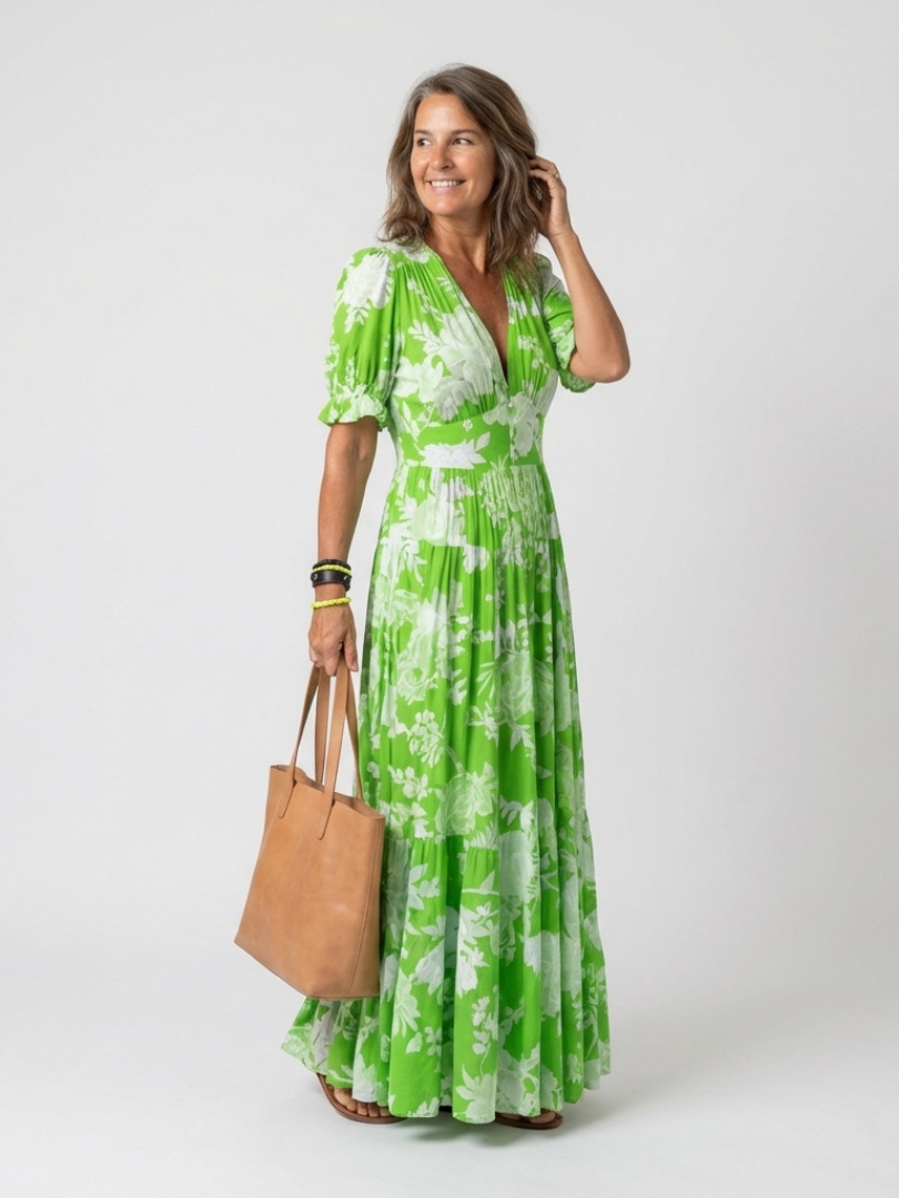 Ione | Kurzes ärmelloses V-Ausschnitt Blumen-Midi-Kleid (kopie)