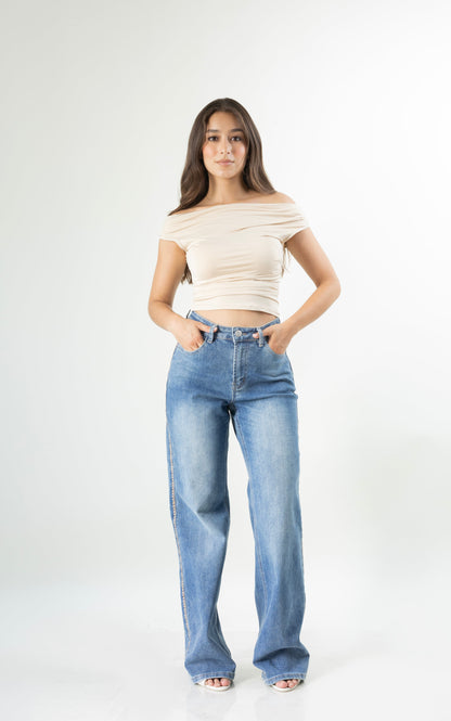 Elena | Pantalón wide leg azul con bordado camel