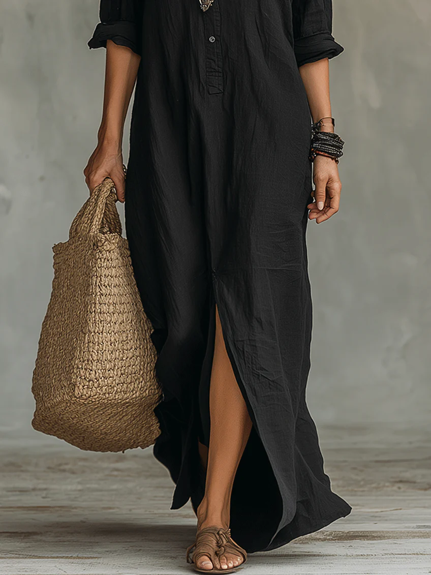 Sofia™ | Abito Maxi Nero Lungo con Bottoni