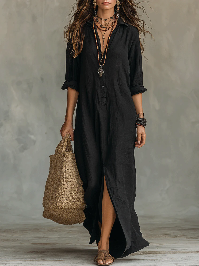 Sofia™ | Abito Maxi Nero Lungo con Bottoni