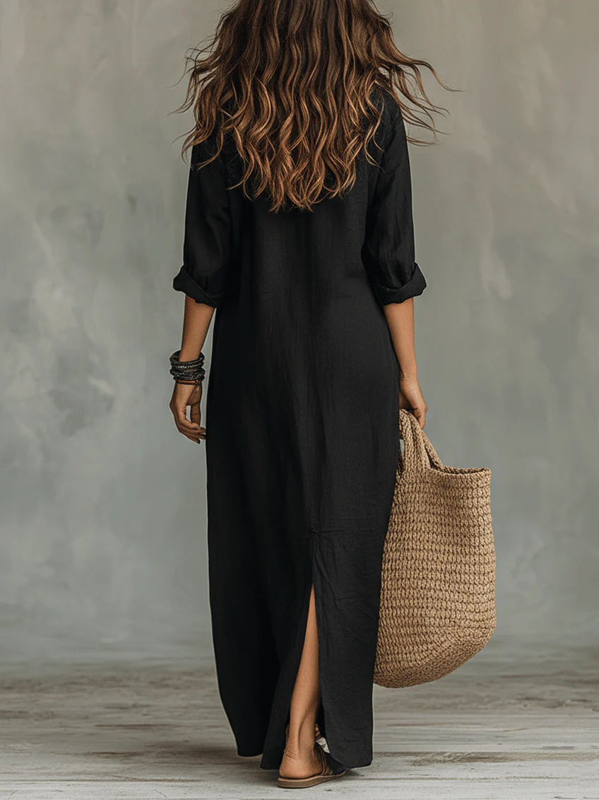 Sofia™ | Abito Maxi Nero Lungo con Bottoni