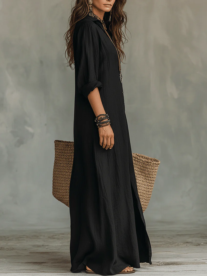 Sofia™ | Abito Maxi Nero Lungo con Bottoni