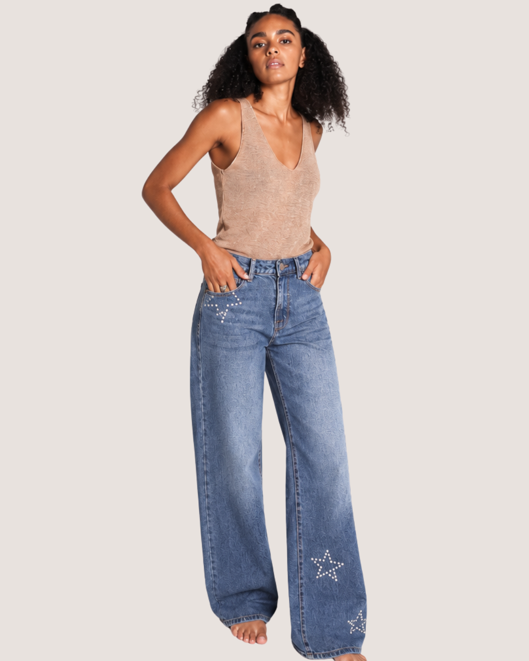 Andrea | Pantalón wide leg azul con estrellas de estoperol