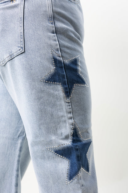Brisa | Barrel jeans azul claro con estrellas y brillos