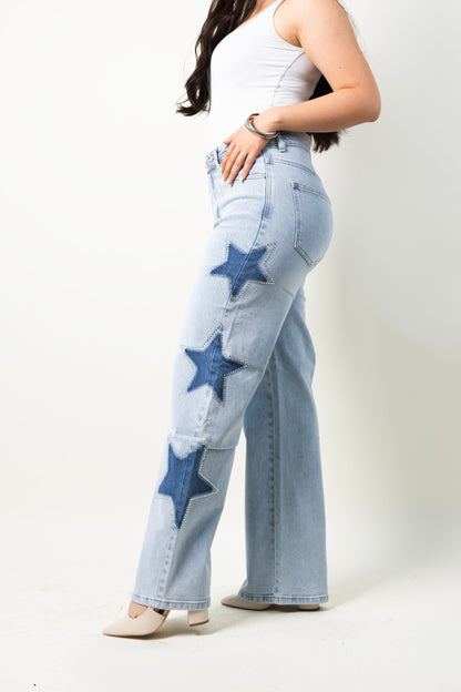 Brisa | Barrel jeans azul claro con estrellas y brillos