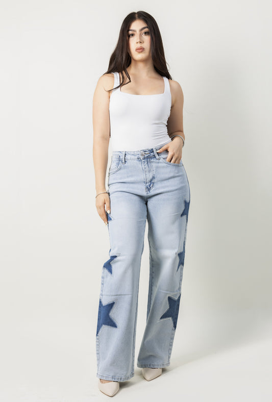 Brisa | Barrel jeans azul claro con estrellas y brillos
