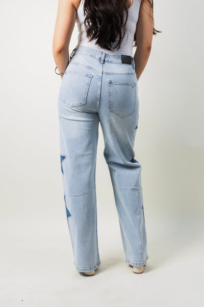 Brisa | Barrel jeans azul claro con estrellas y brillos