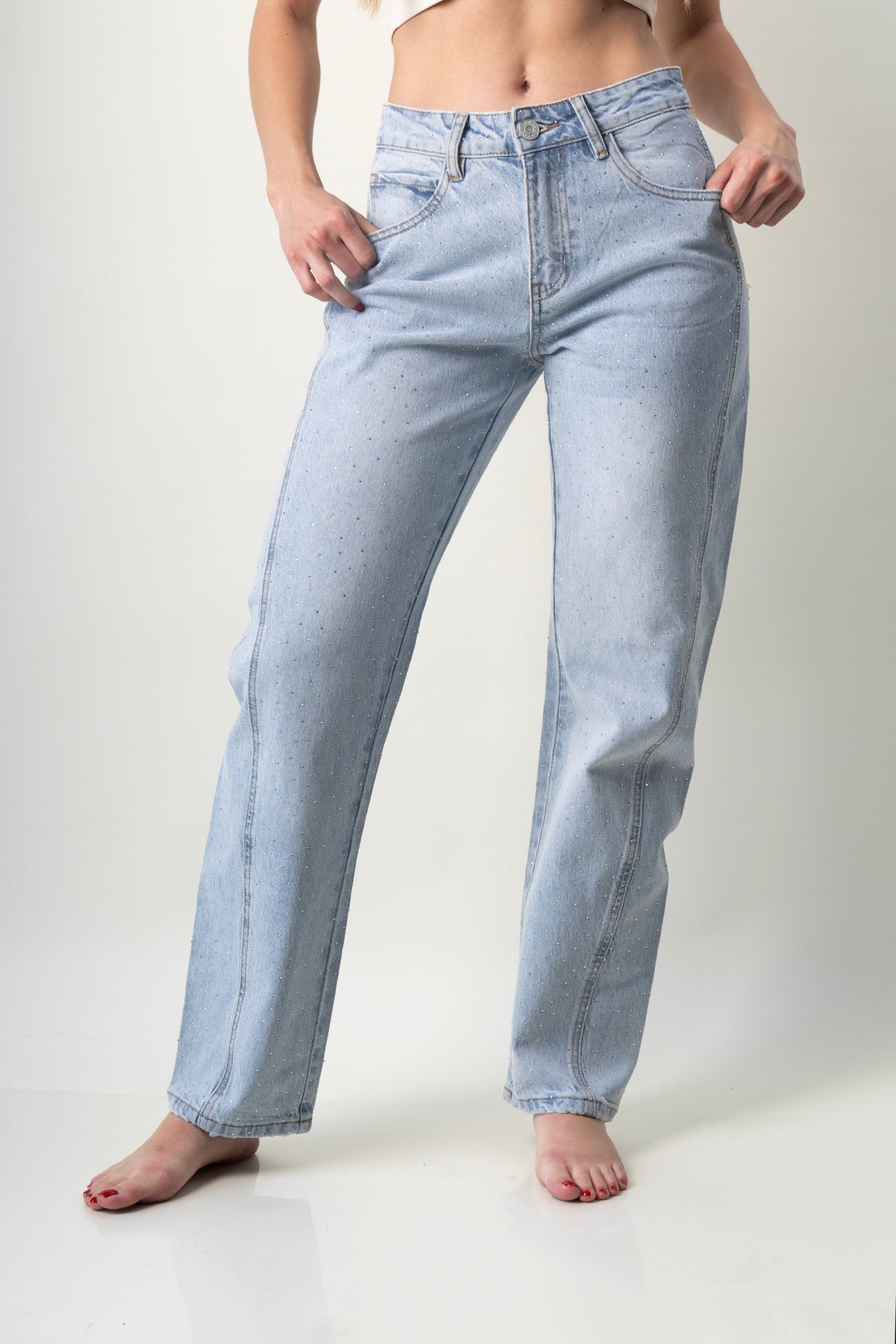 Dafne | Barrel jeans azul claro con brillos