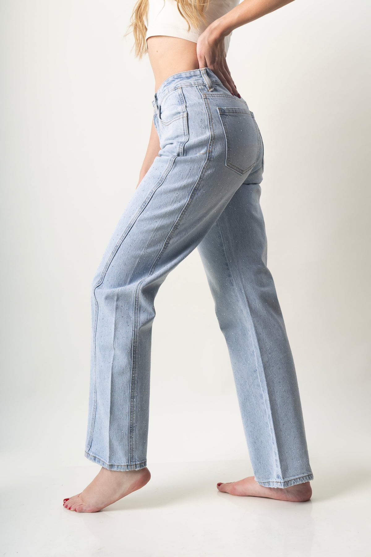 Dafne | Barrel jeans azul claro con brillos