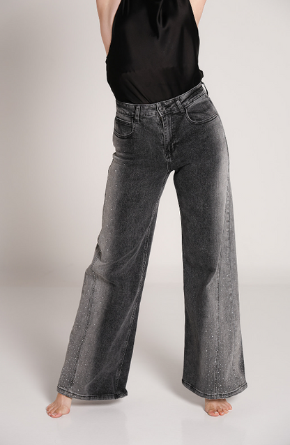 Greta | Jeans flare gris con brillos laterales