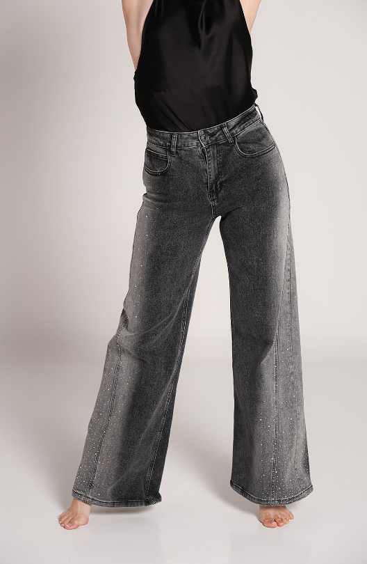 Greta | Jeans flare gris con brillos laterales