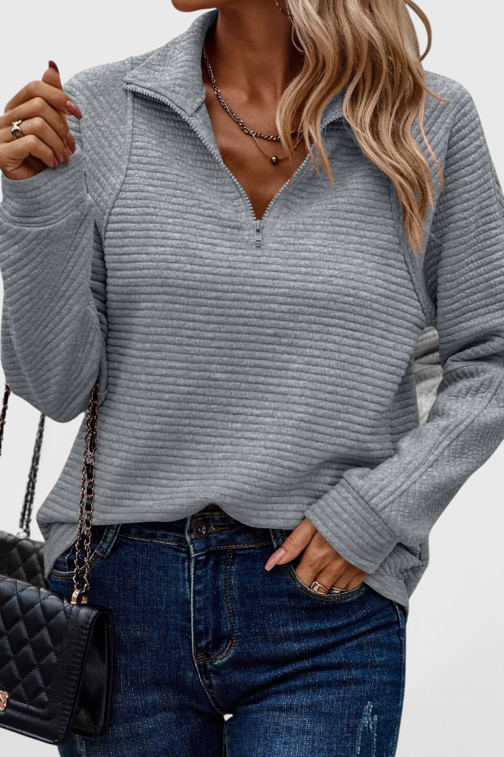 Elena | Jersey de Cuello en V con Cremallera y Manga Larga