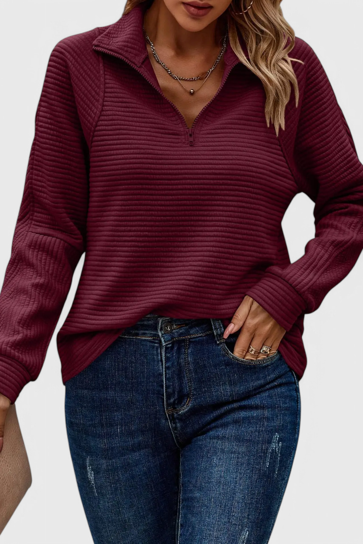 Elena | Jersey de Cuello en V con Cremallera y Manga Larga
