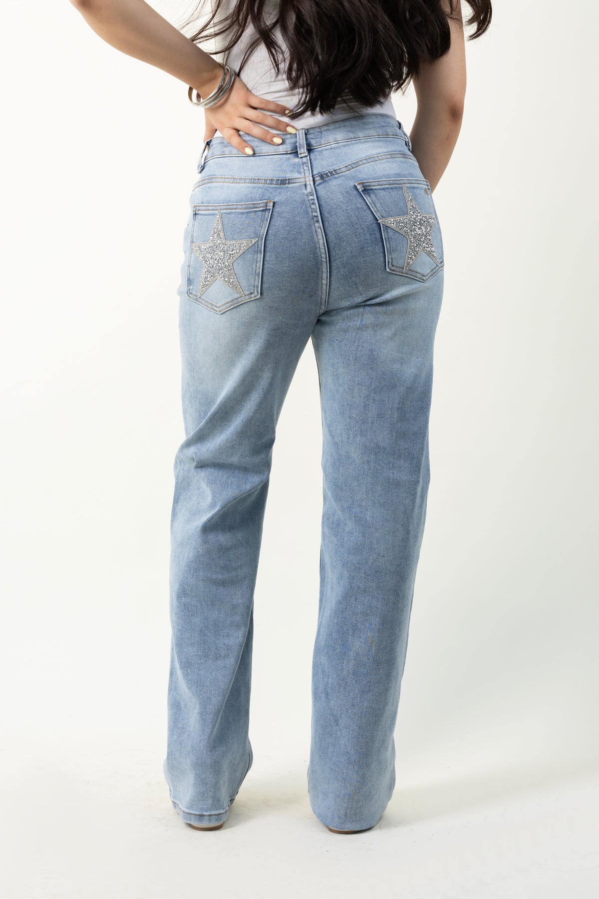 Estrella | Pantalón recto azul claro con estrellas brillantes