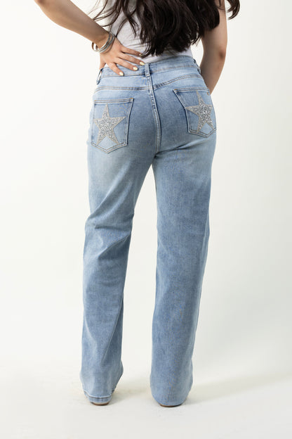 Estrella | Pantalón recto azul claro con estrellas brillantes
