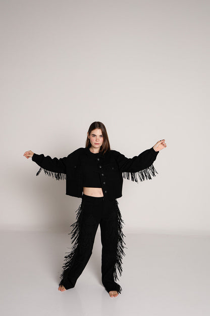 Natalia | Pantalón recto negro deshilachado