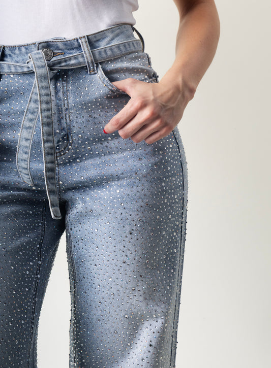 Camila | Pantalón wide leg azul con brillos y cinturón