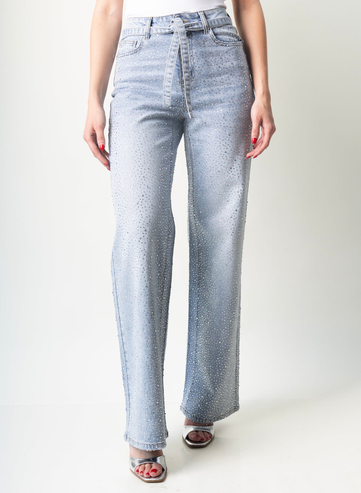 Camila | Pantalón wide leg azul con brillos y cinturón