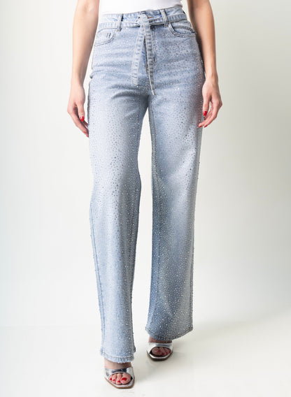 Camila | Pantalón wide leg azul con brillos y cinturón