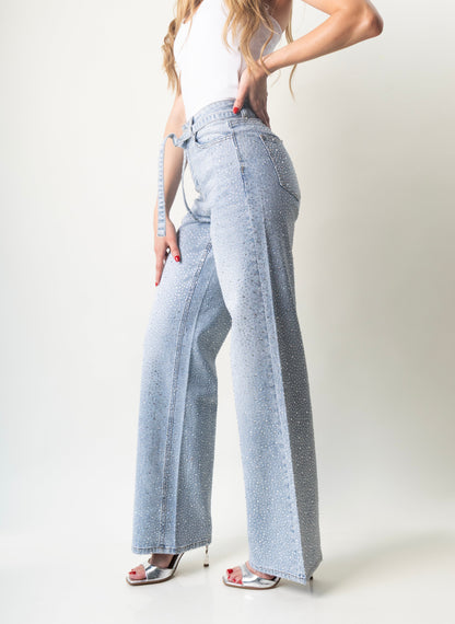 Camila | Pantalón wide leg azul con brillos y cinturón