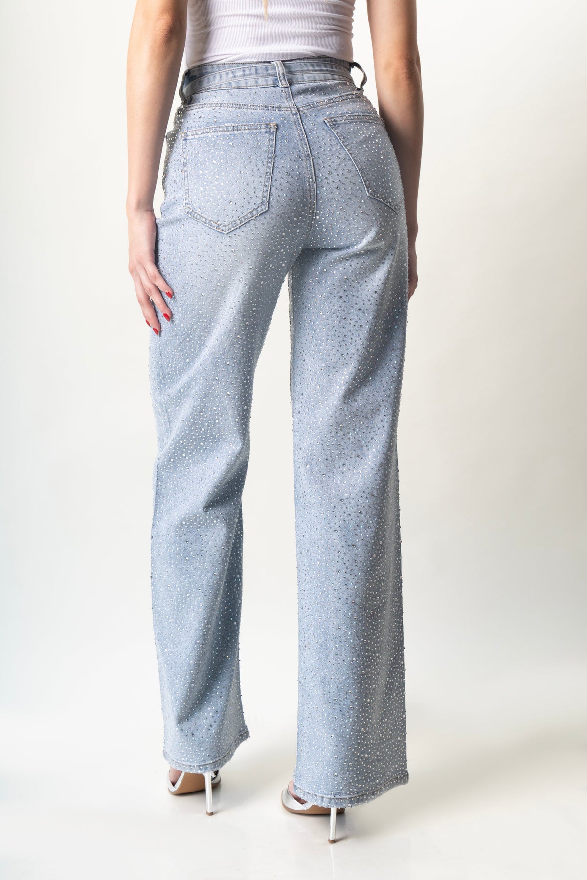 Camila | Pantalón wide leg azul con brillos y cinturón