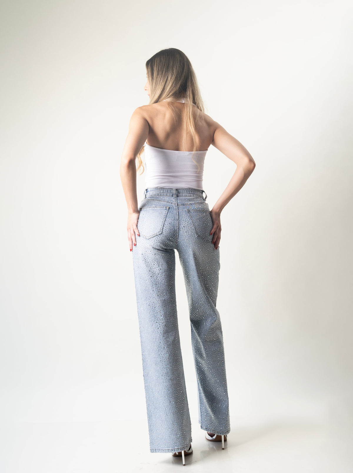 Camila | Pantalón wide leg azul con brillos y cinturón