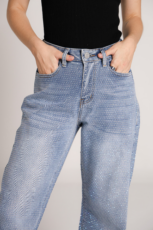 Melisa | Pantalón wide leg azul con brillos
