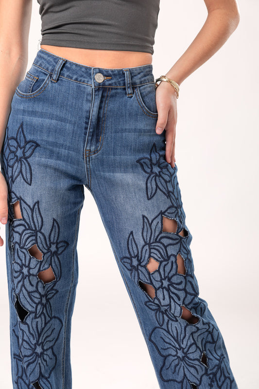 Yolanda | Pantalón wide leg azul con bordado