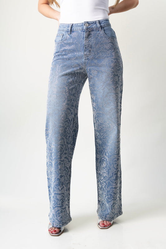 Selena | Pantalón wide leg azul con pedrería plateada
