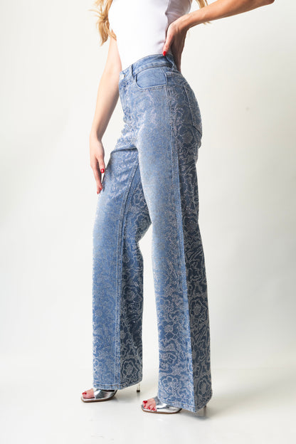 Selena | Pantalón wide leg azul con pedrería plateada