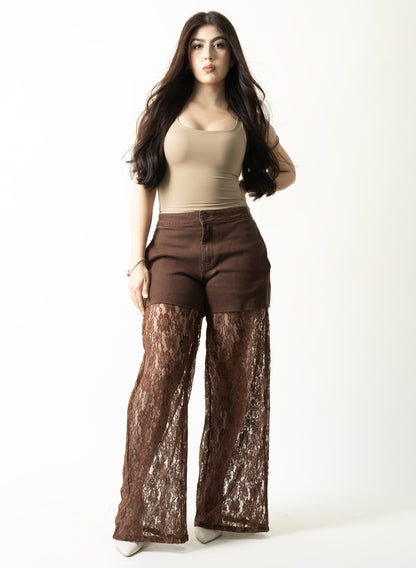 Rosario | Pantalón wide leg café con encaje floral