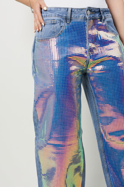Nova | Pantalón wide leg azul claro con paneles holográficos