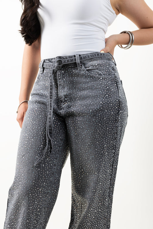 Valentina | Pantalón wide leg gris con brillos