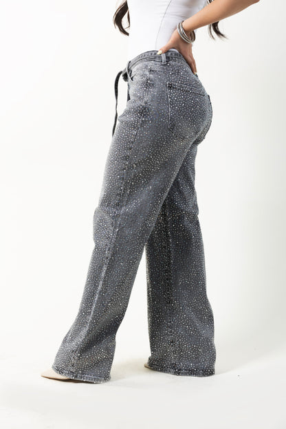 Valentina | Pantalón wide leg gris con brillos