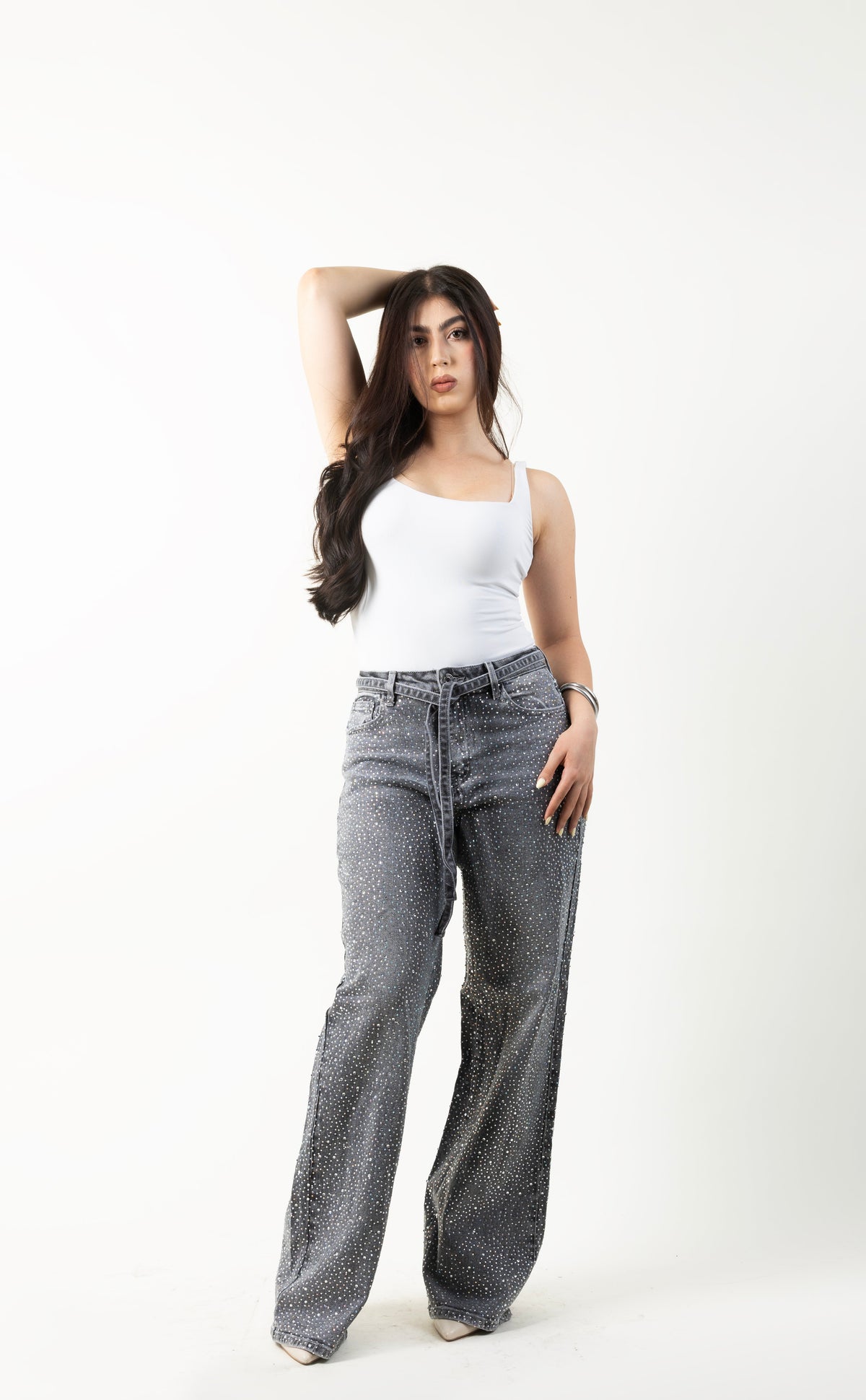 Valentina | Pantalón wide leg gris con brillos