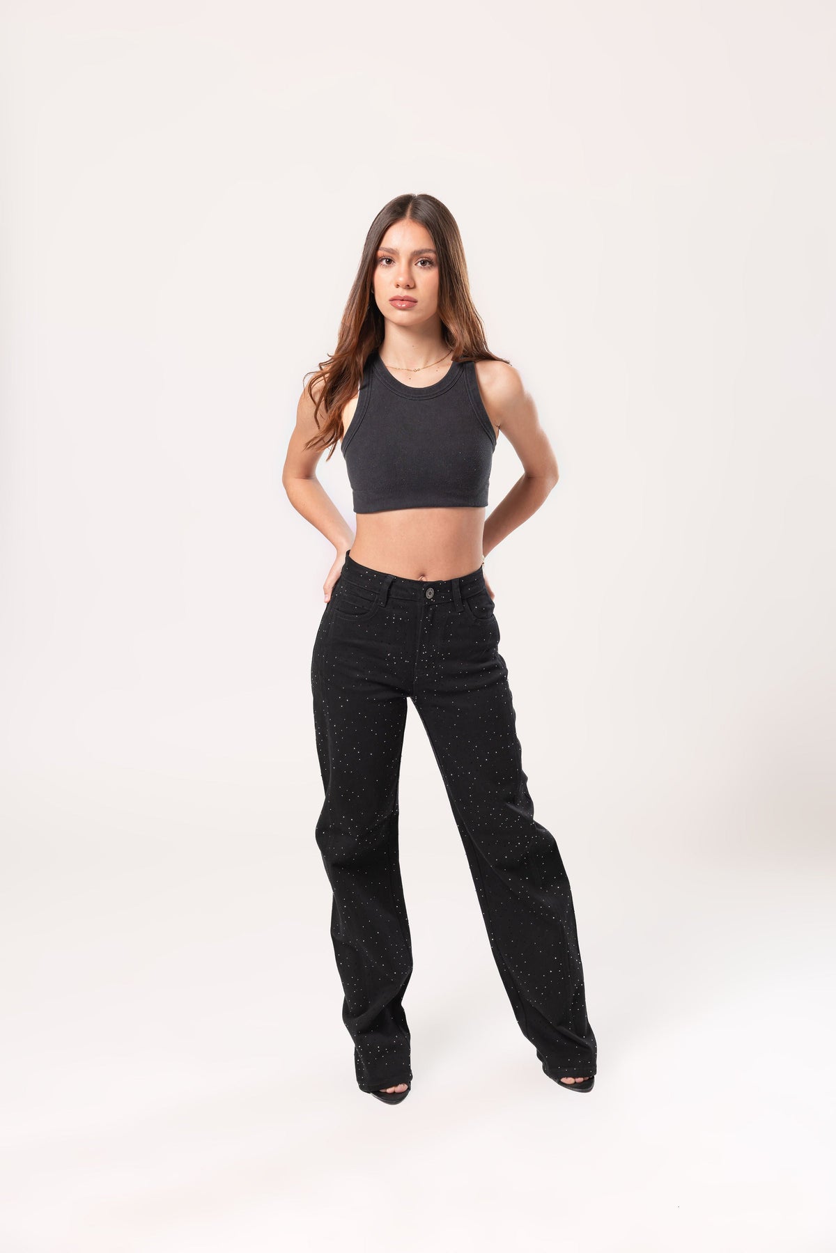 Brenda | Pantalón wide leg negro con brillos