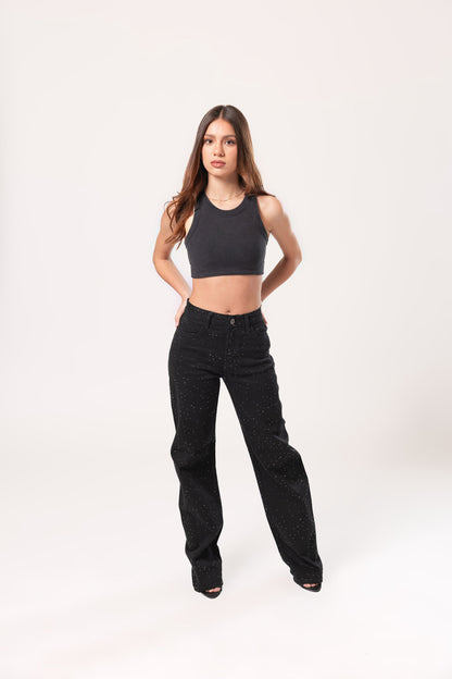 Brenda | Pantalón wide leg negro con brillos