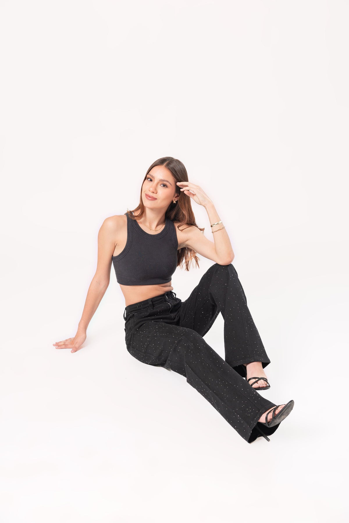 Brenda | Pantalón wide leg negro con brillos