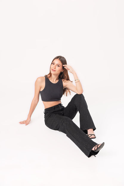 Brenda | Pantalón wide leg negro con brillos