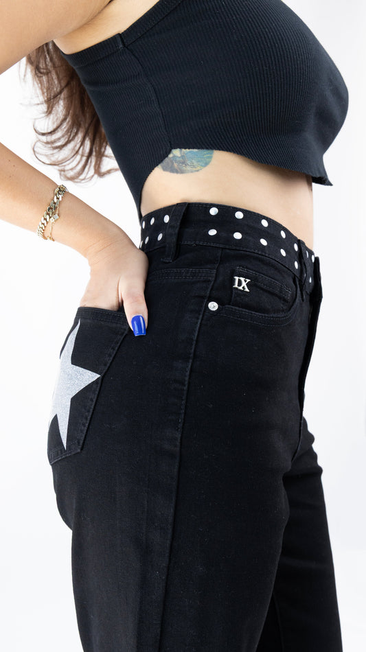 Victoria | Pantalón wide leg negro con estrellas plateadas