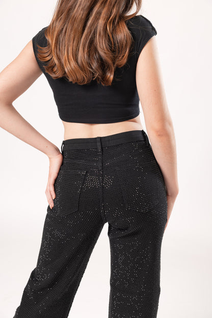 Esmeralda | Pantalón wide leg negro con pedrería