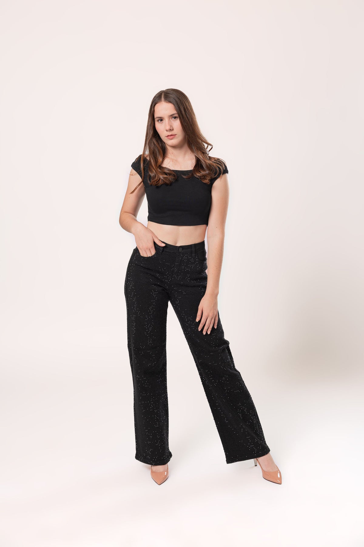 Esmeralda | Pantalón wide leg negro con pedrería