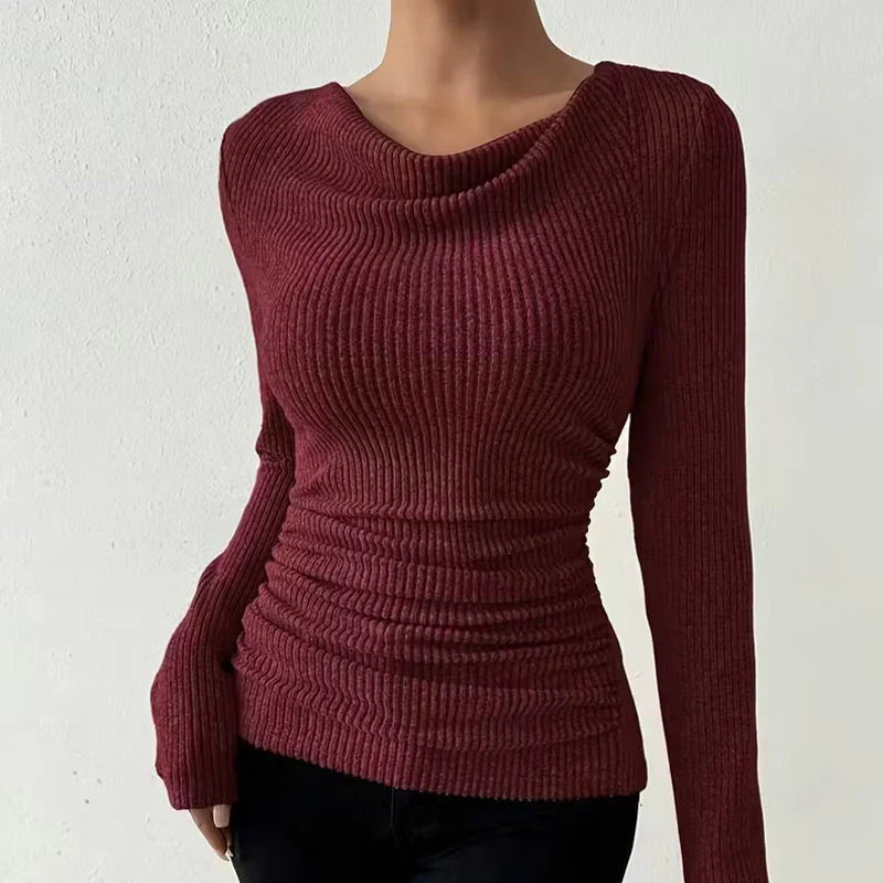 Inés – Top de punto de manga larga con cuello drapeado