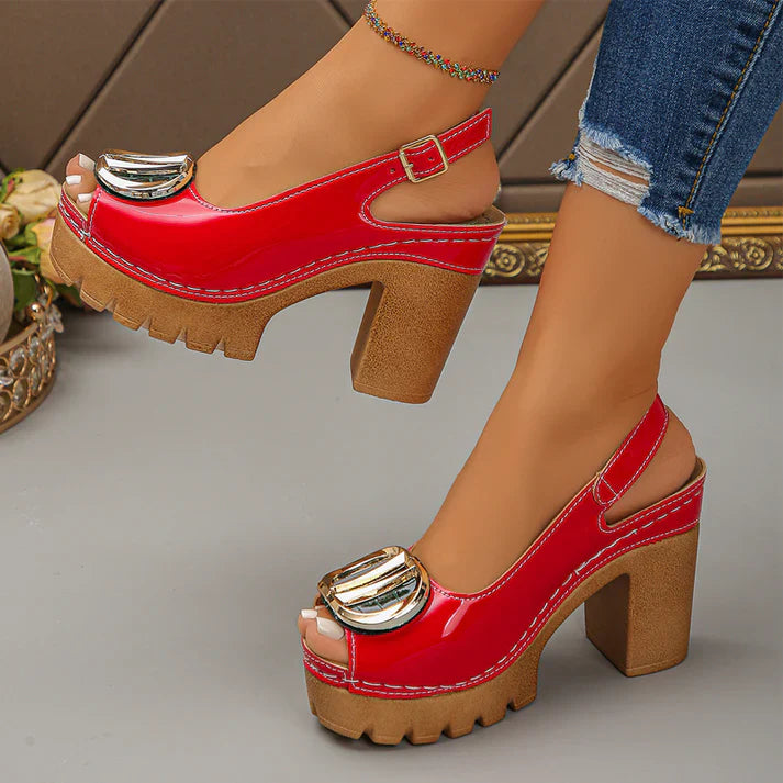 Eva - Sandalias peeptoe de tacón ancho con hebilla metálica